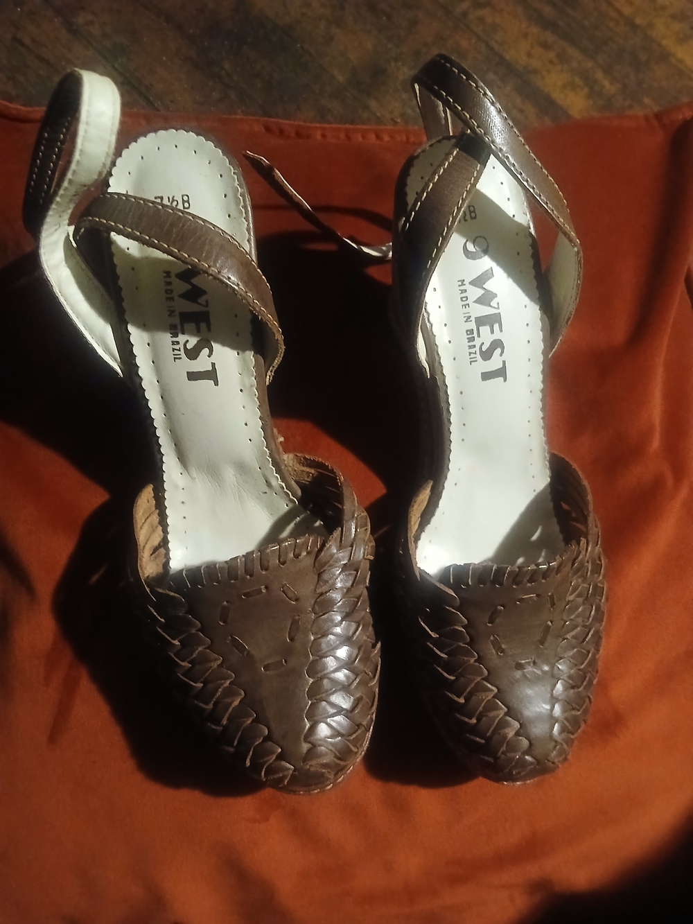 Vintage 1970s 9 West Brown Woven Leather Women's Ankle‑Strap Heels Brazil 7.5